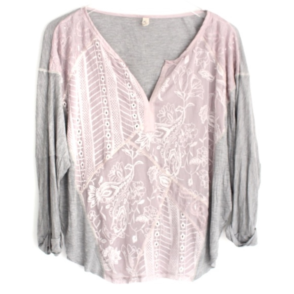 TINY Medium Grey Pink Embroidered V-neck Top